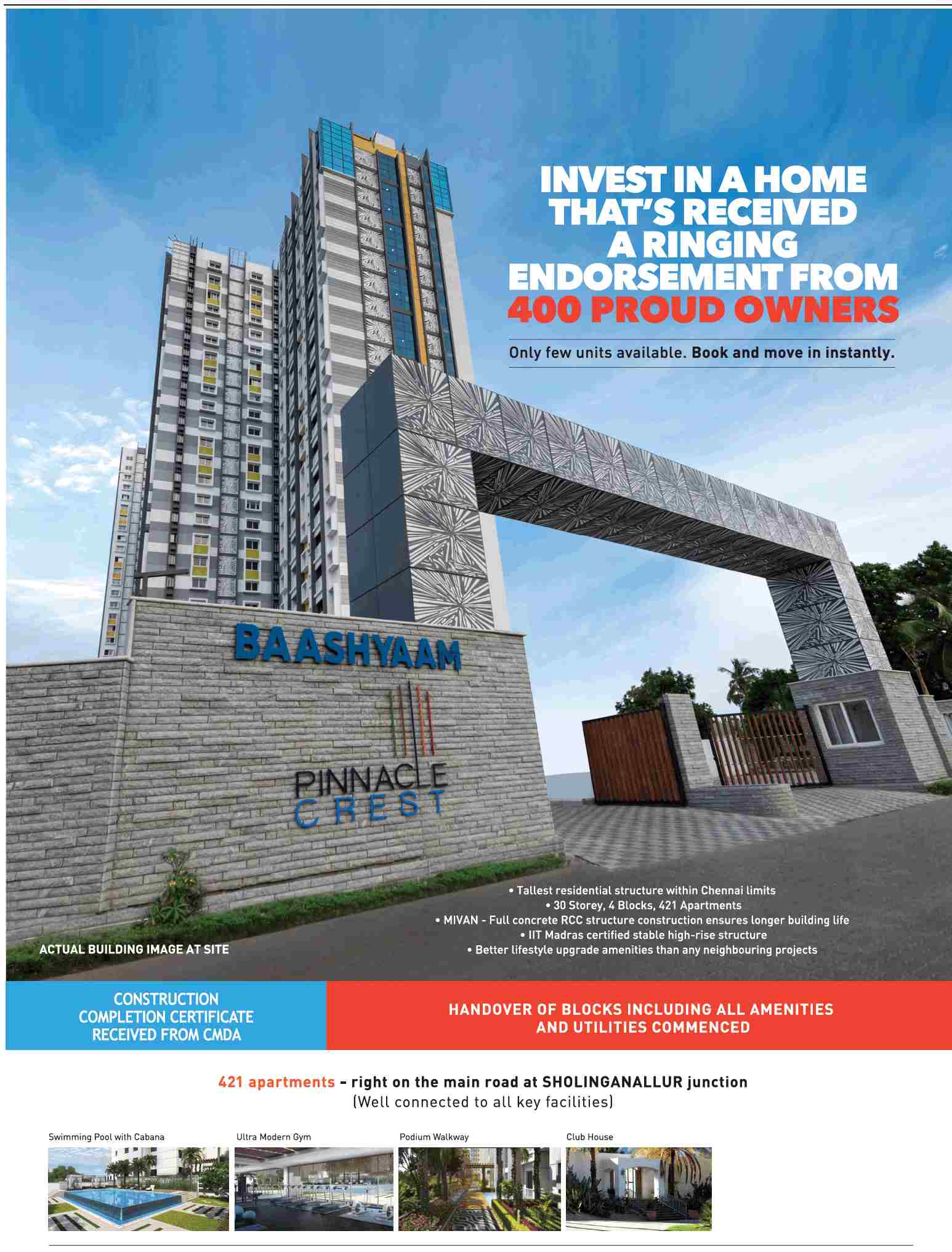 Invest at Baashyaam Pinnacle Crest that received a rising endorsement from 400 proud owners in Chennai